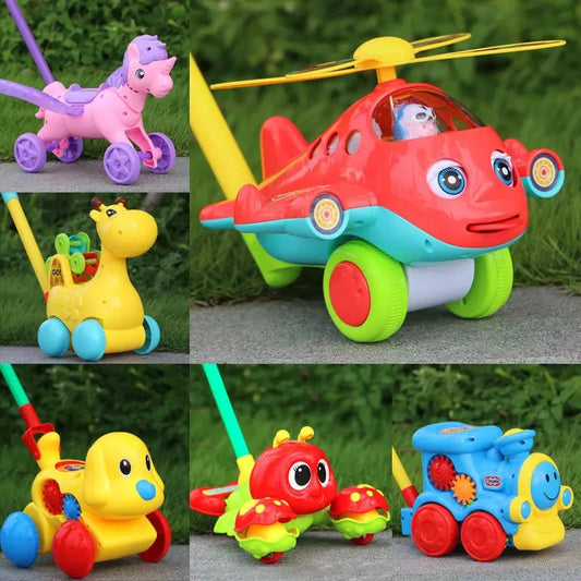 Baby Walker Toy Hand Push Pull Walks Plane Rod Push Cart Single Rod Blink Eyes Drag Tongue Toddler Walking Toys