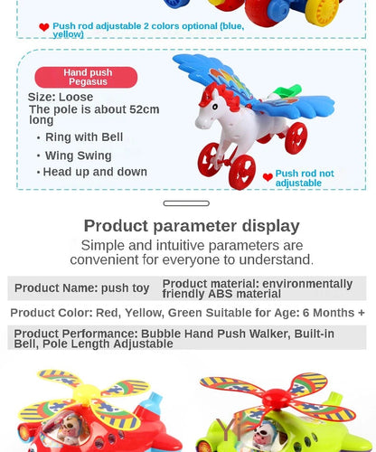 Baby Walker Toy Hand Push Pull Walks Plane Rod Push Cart Single Rod Blink Eyes Drag Tongue Toddler Walking Toys