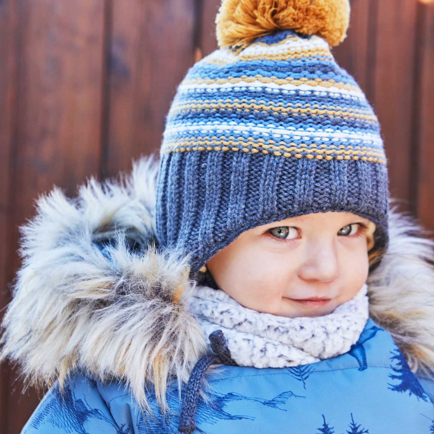 Baby Earflap Winter Hat Grey, Yellow And Blue Striped