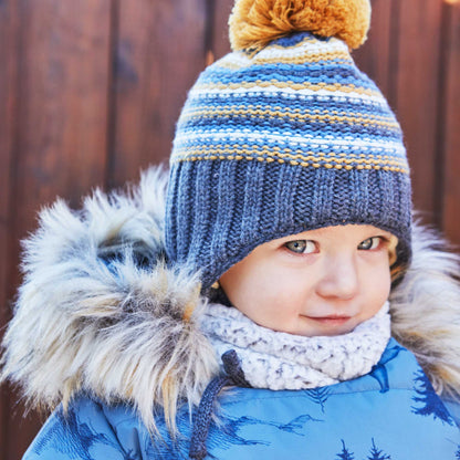 Baby Earflap Winter Hat Grey, Yellow And Blue Striped