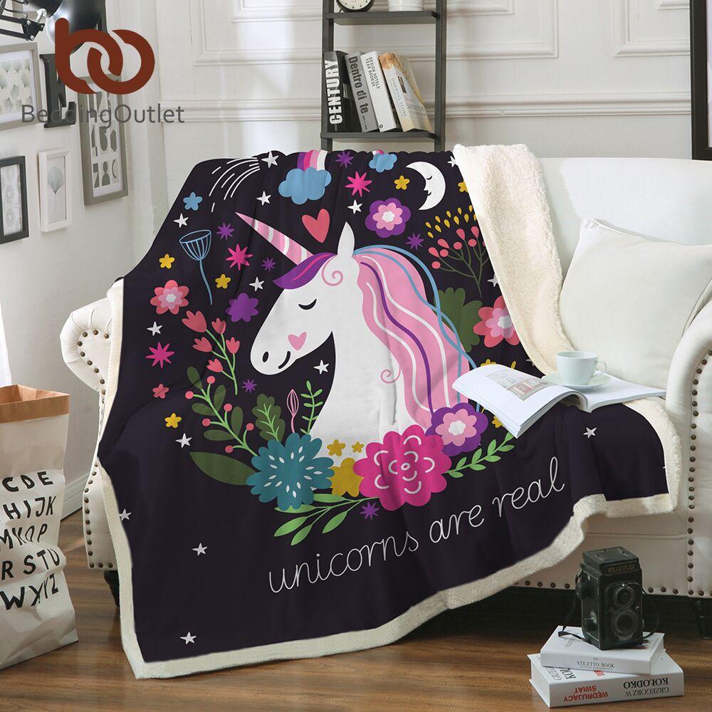 Cute Unicorn Floral Sherpa Fleece Throw Blanket for Kids Girls