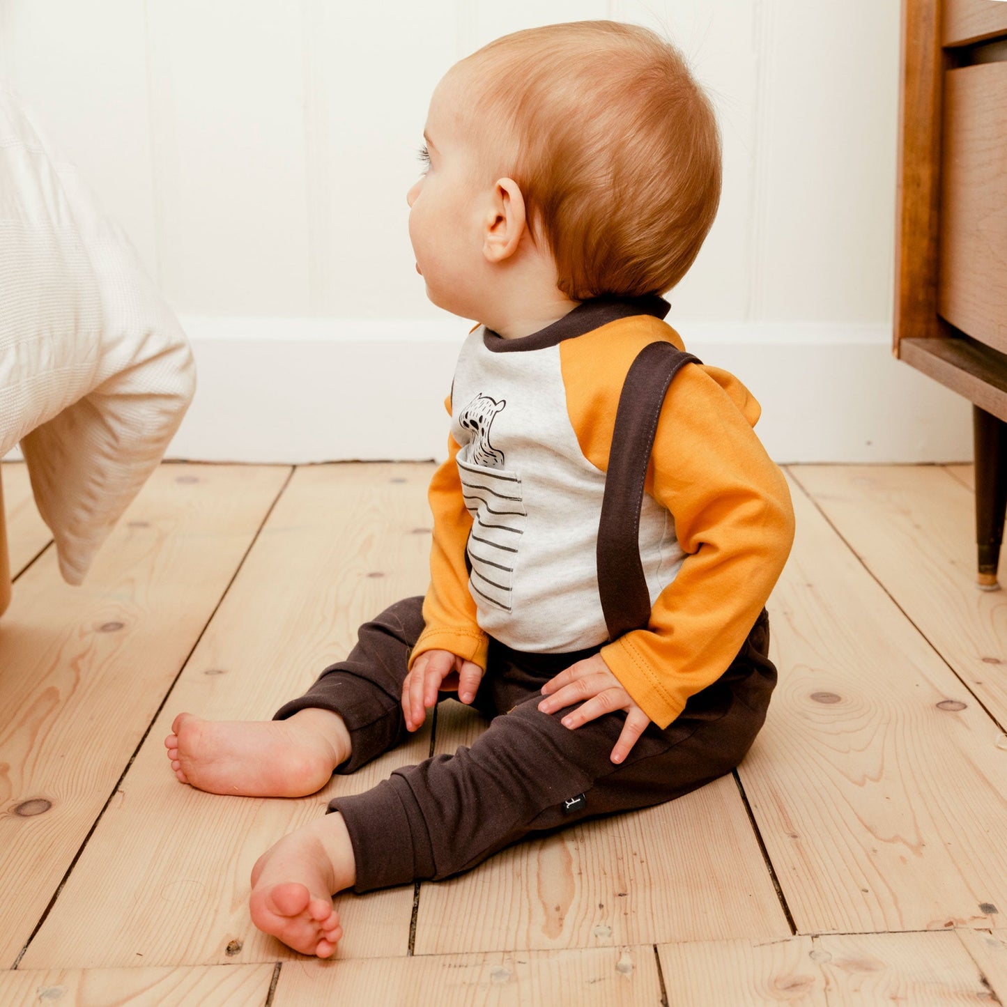 Organic Cotton Top And Pant Set Dark Grey, Yellow And Heather Beige