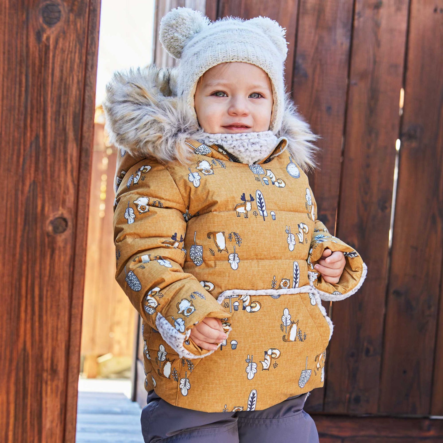 Printed Woodland Animals Two Piece Baby Snowsuit Yellow