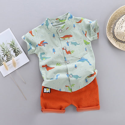 Toddler Summer Cartoon Dinosaur Print Short Sleeve Shirt + Pants