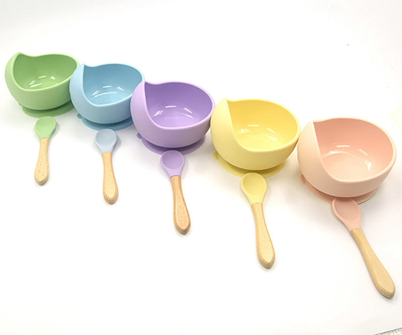 Baby Silicone Feeding Set  Wooden Spoon Suction Bowl Baby Plate Kids Toddler Assist Tableware BPA Free High Quality Silicone