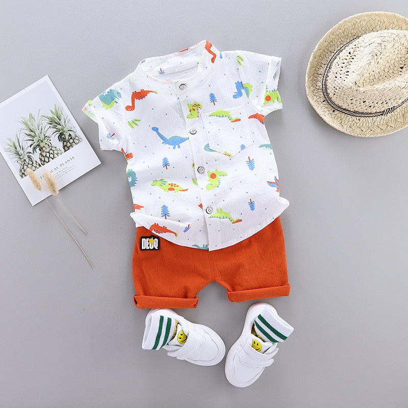 Toddler Summer Cartoon Dinosaur Print Short Sleeve Shirt + Pants