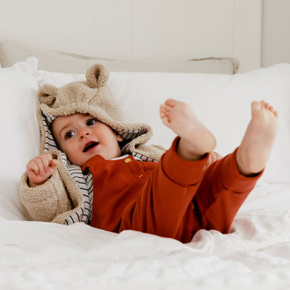 Organic Cotton Bodysuit And Overall Set Striped Rust And Heather Beige