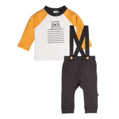 Organic Cotton Top And Pant Set Dark Grey, Yellow And Heather Beige