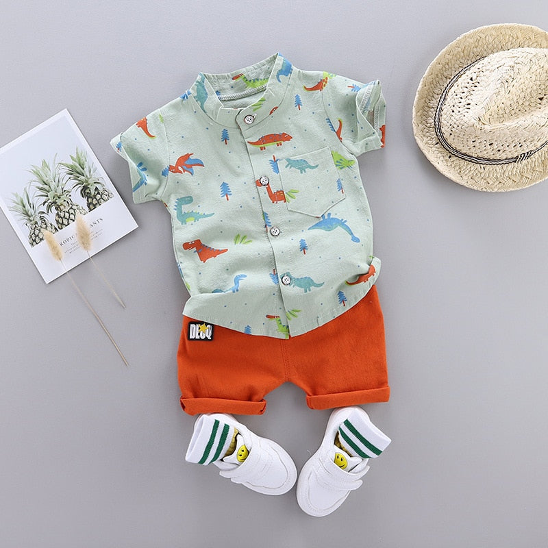 Toddler Summer Cartoon Dinosaur Print Short Sleeve Shirt + Pants