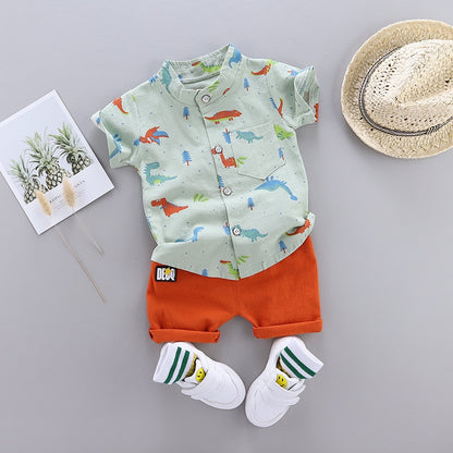 Toddler Summer Cartoon Dinosaur Print Short Sleeve Shirt + Pants