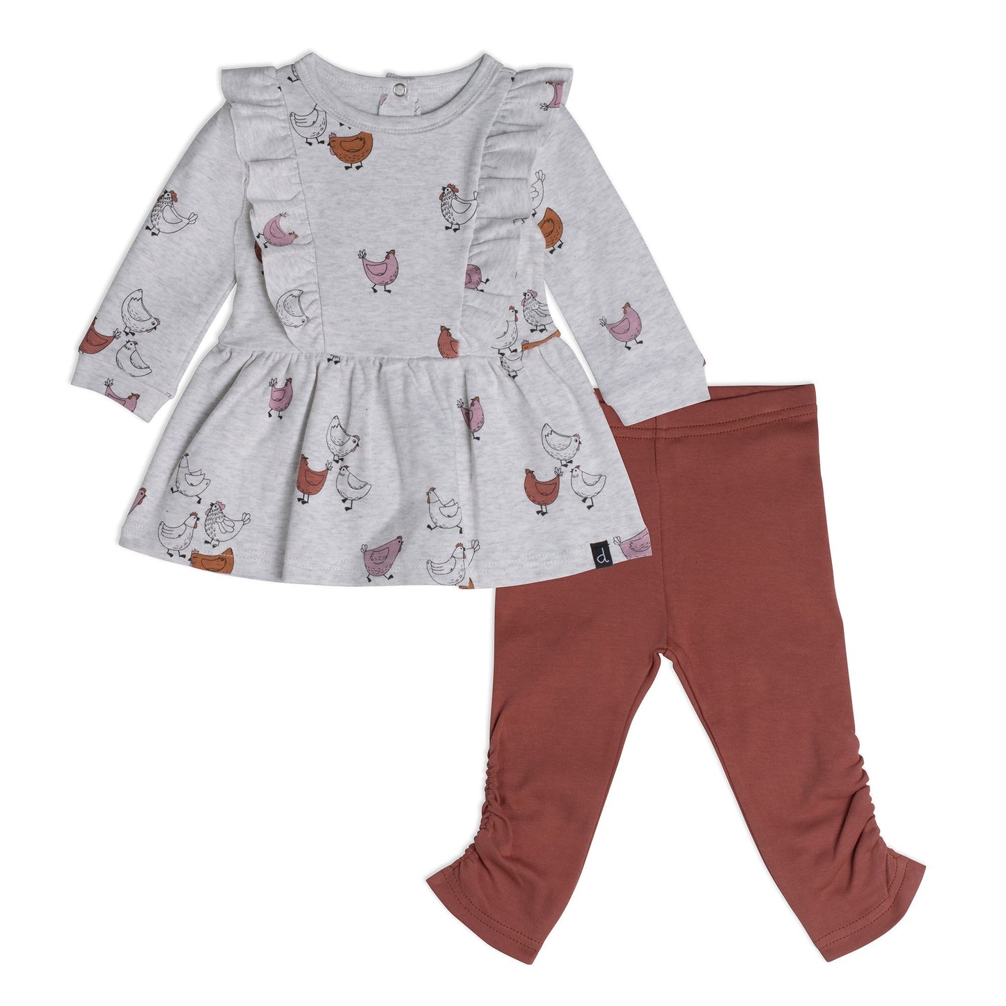 Organic Cotton Dress And Leggings Set Hen Print Rust And Beige