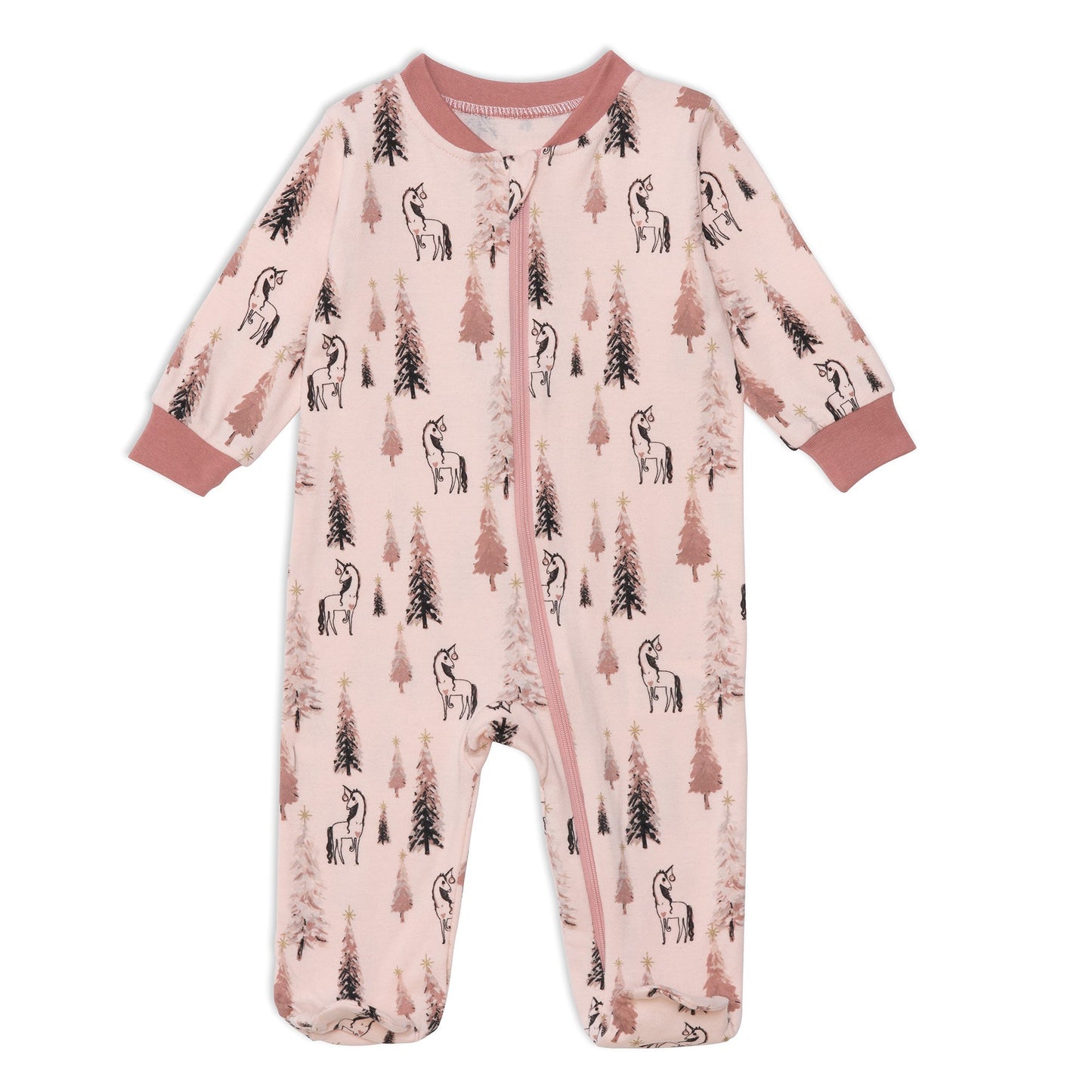 Organic Cotton One Piece Printed Pajamas With Unicorns And Trees