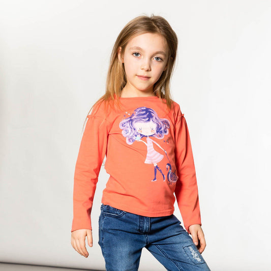 Organic Cotton Jersey Top With Girl Print