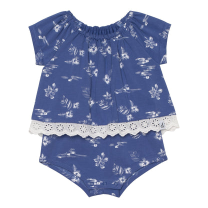 Organic Cotton Printed Romper with Lace Trim