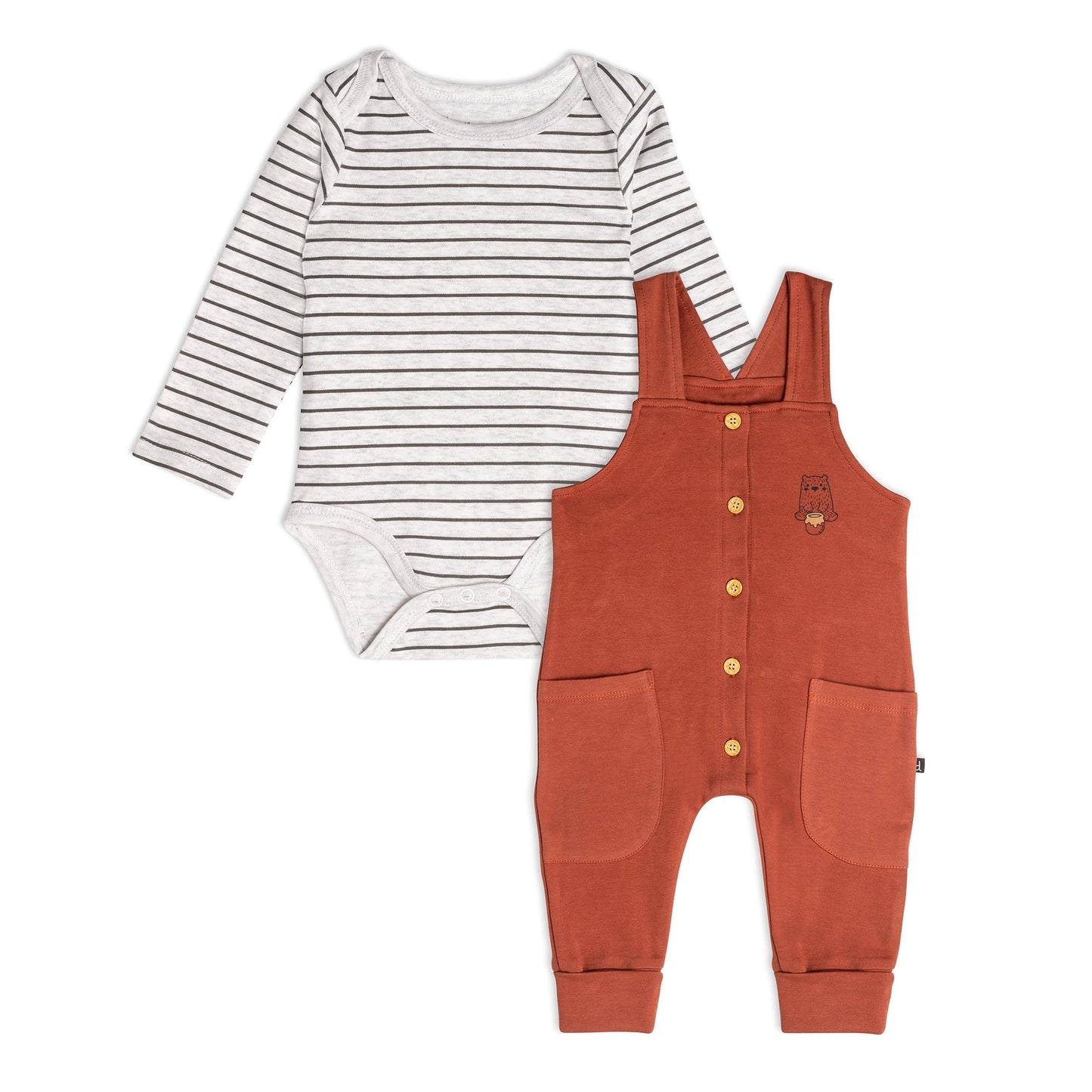 Organic Cotton Bodysuit And Overall Set Striped Rust And Heather Beige