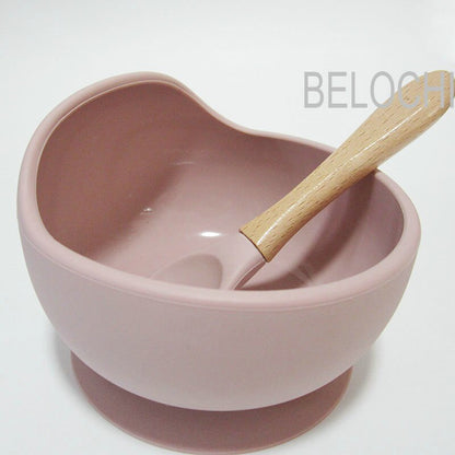 Baby Silicone Feeding Set  Wooden Spoon Suction Bowl Baby Plate Kids Toddler Assist Tableware BPA Free High Quality Silicone