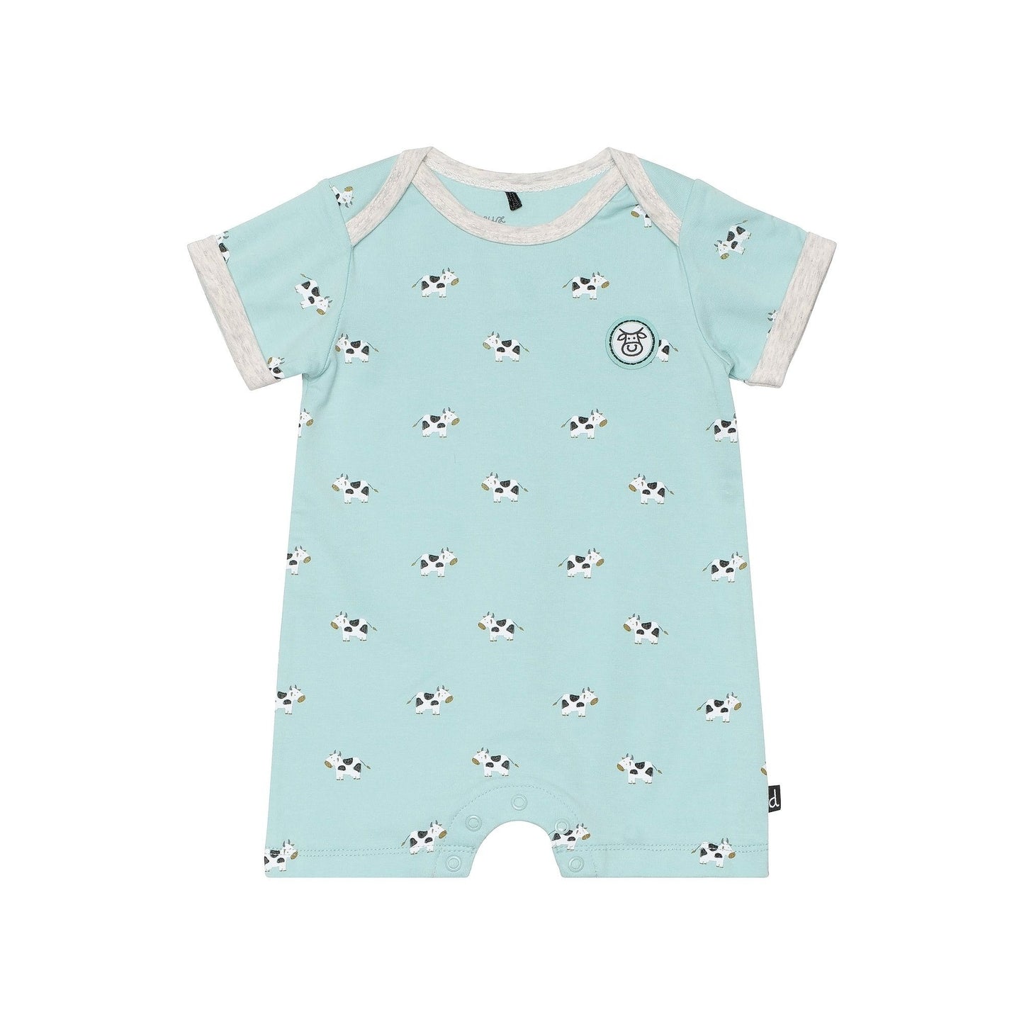 Organic Cotton Short Sleeve Turquoise Cow Print Romper