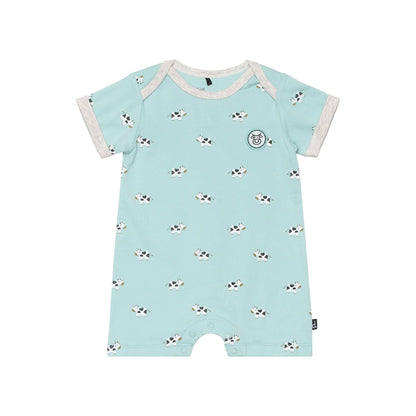 Organic Cotton Short Sleeve Turquoise Cow Print Romper