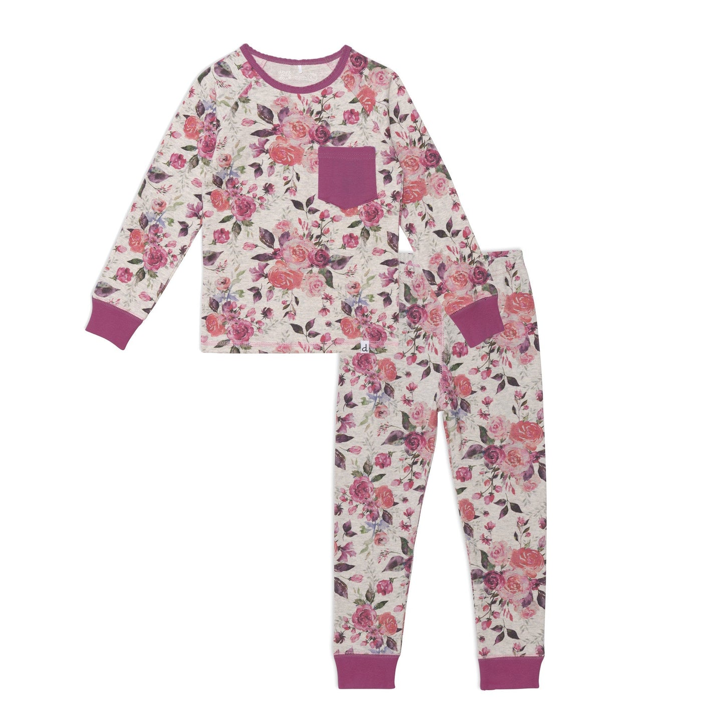 Organic Cotton Two Piece Printed Pajama Set Grey Mix Pink With Roses