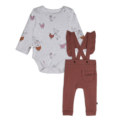 Organic Cotton Bodysuit And Overall Set Hen Print