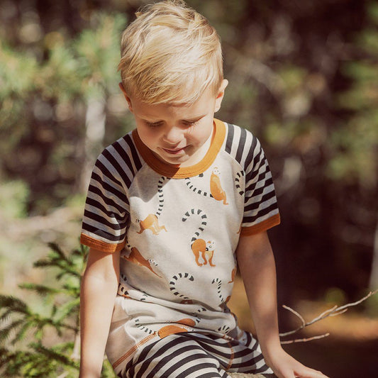 Organic Cotton Lemur Print Pajama Top and Striped Pant Set "Glow in the dark"