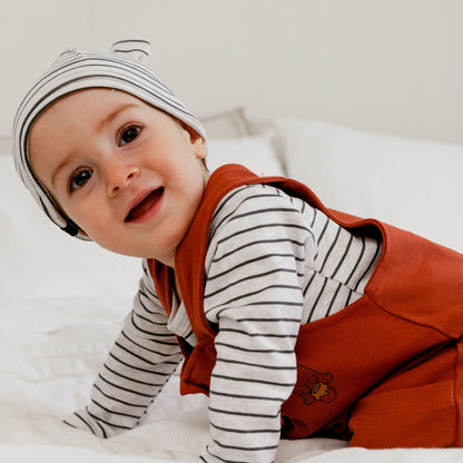 Organic Cotton Bodysuit And Overall Set Striped Rust And Heather Beige