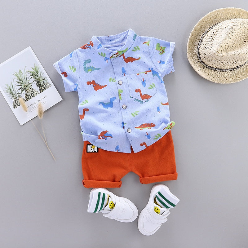 Toddler Summer Cartoon Dinosaur Print Short Sleeve Shirt + Pants