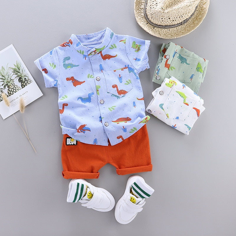 Toddler Summer Cartoon Dinosaur Print Short Sleeve Shirt + Pants