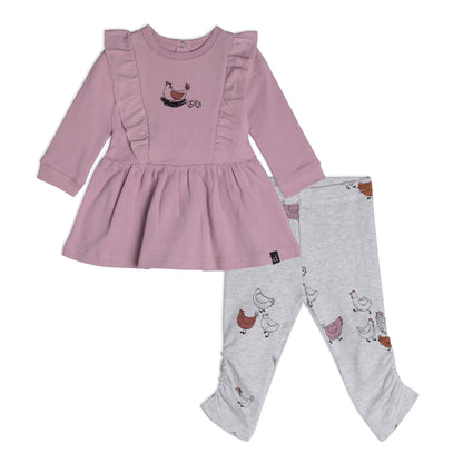 Organic Cotton Dress And Leggings Set Hen Print Dusty Purple And Beige